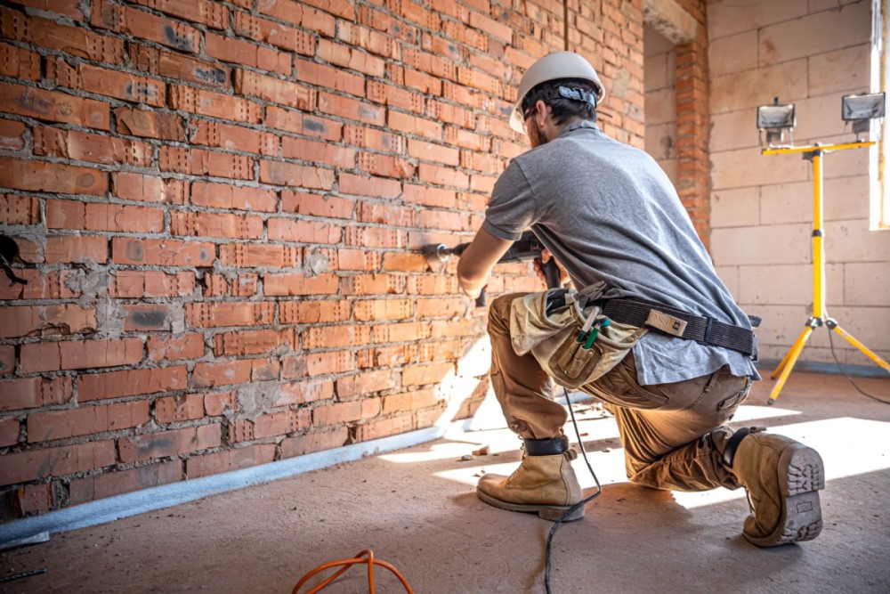 Um homem branco, usando capacete de segurança e cinto de ferramentas. Ele está em um canteiro de obras, e usa uma furadeira para abrir um buraco em uma parede.