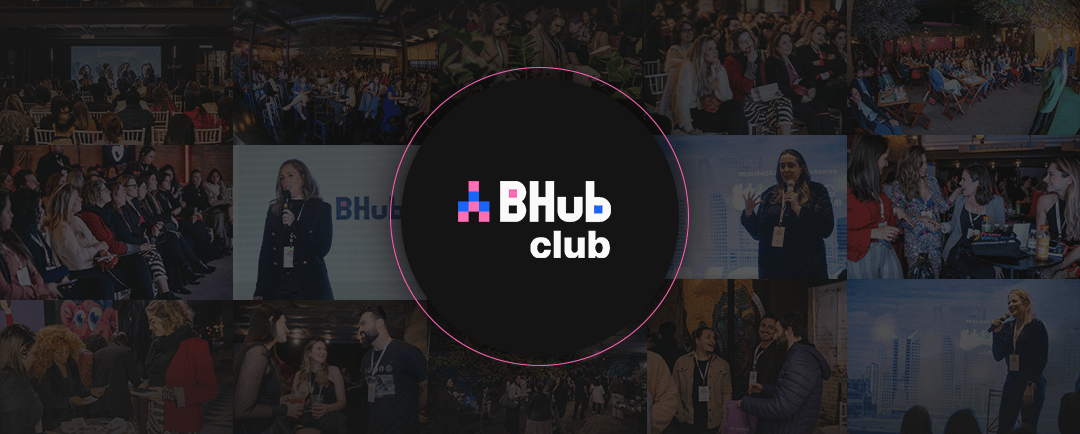 Banner com logo do BHub Club centralizado em um círculo, com imagens dos eventos passados do Potato Valley Club ao fundo, em baixa definição,