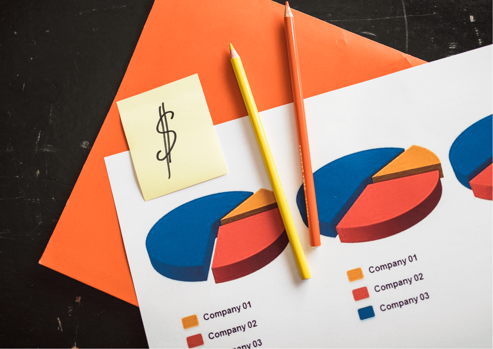 papéis dispostos sobre mesa, com desenhos de gráficos circulares, lápis de cor amarelo e alaranjado sobre a folha, post-it com desenho de cifrão à esquerda dos lápis; representam as melhores métricas financeiras na gestão do seu negócio.