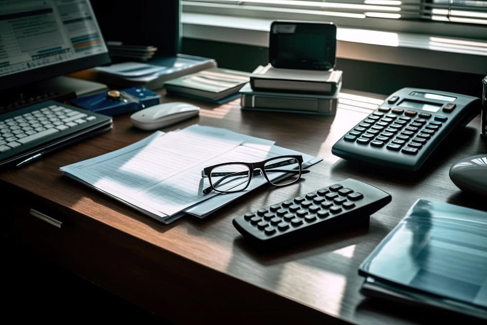 Foto de uma calculadora, óculos e uma calculadora estão sobre uma mesa para ilustrar assim artigo sobre os Impactos reforma tributária para Escritórios de Contabilidade