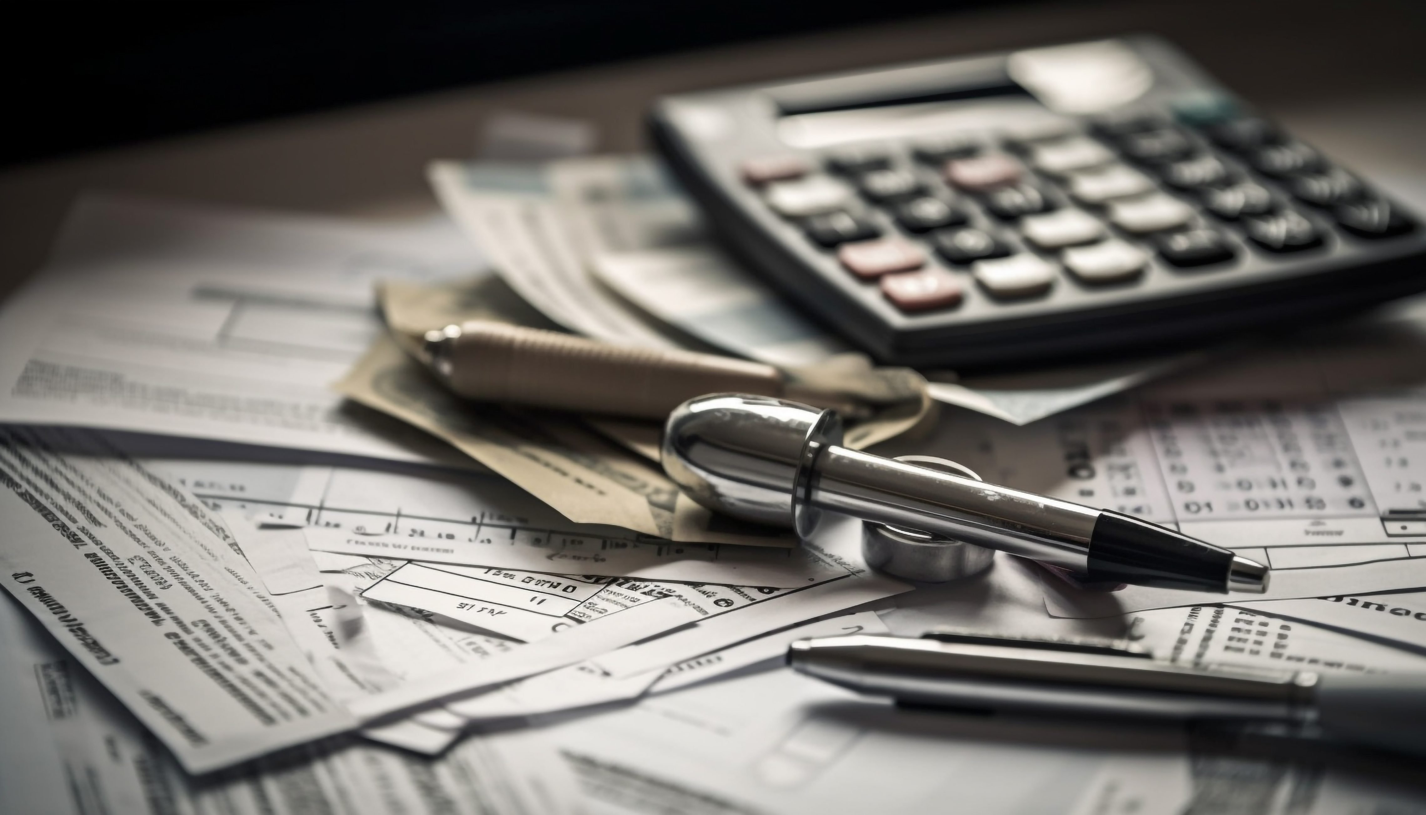 Gestor financeiro analisa relatório de fluxo de caixa com gráficos ao fundo em escritório