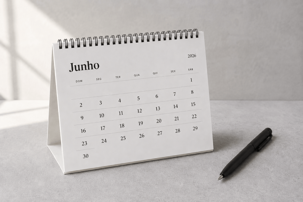 Calendário de junho representando o fechamento de semestre